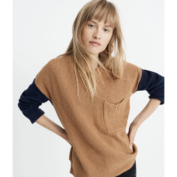 MADEWELL Thompson Pocket Pullover Sweater in Colorblock Heather Timber - Size XS - Picture 1 of 16
